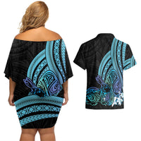 Turquoise Polynesia Easter Day Couples Matching Off Shoulder Short Dress and Hawaiian Shirt Eggs With Bunny Polynesian Pattern