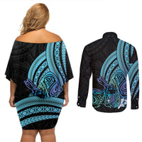 Turquoise Polynesia Easter Day Couples Matching Off Shoulder Short Dress and Long Sleeve Button Shirt Eggs With Bunny Polynesian Pattern