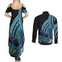 Turquoise Polynesia Easter Day Couples Matching Summer Maxi Dress and Long Sleeve Button Shirt Eggs With Bunny Polynesian Pattern