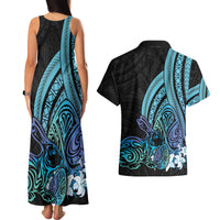 Turquoise Polynesia Easter Day Couples Matching Tank Maxi Dress and Hawaiian Shirt Eggs With Bunny Polynesian Pattern