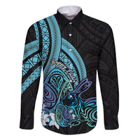 Turquoise Polynesia Easter Day Family Matching Off Shoulder Maxi Dress and Hawaiian Shirt Eggs With Bunny Polynesian Pattern LT14 Dad's Shirt - Long Sleeve Turquoise - Polynesian Pride