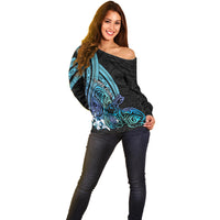Turquoise Polynesia Easter Day Off Shoulder Sweater Eggs With Bunny Polynesian Pattern