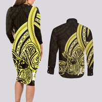 Yellow Polynesia Easter Day Couples Matching Long Sleeve Bodycon Dress and Long Sleeve Button Shirt Eggs With Bunny Polynesian Pattern