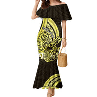 Yellow Polynesia Easter Day Family Matching Mermaid Dress and Hawaiian Shirt Eggs With Bunny Polynesian Pattern