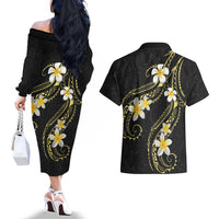 Polynesia Tattoo With Plumeria Couples Matching Off The Shoulder Long Sleeve Dress and Hawaiian Shirt Elegant Vibes