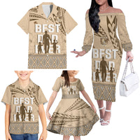 Tonga Father's Day Family Matching Off The Shoulder Long Sleeve Dress and Hawaiian Shirt Best Dad Ever Tongan Ngatu Pattern - Beige LT14 - Polynesian Pride