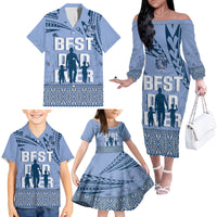 Tonga Father's Day Family Matching Off The Shoulder Long Sleeve Dress and Hawaiian Shirt Best Dad Ever Tongan Ngatu Pattern - Blue LT14 - Polynesian Pride