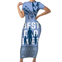 Tonga Father's Day Family Matching Short Sleeve Bodycon Dress and Hawaiian Shirt Best Dad Ever Tongan Ngatu Pattern - Blue LT14 Mom's Dress Blue - Polynesian Pride