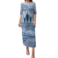 Tonga Father's Day Puletasi Best Dad Ever Tongan Ngatu Pattern - Blue LT14 Long Dress Blue - Polynesian Pride