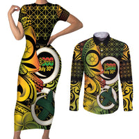 Vanuatu 1980 Couples Matching Short Sleeve Bodycon Dress and Long Sleeve Button Shirt Ni-Van Tamtam Sand Drawing Pattern