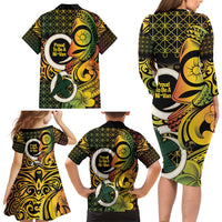 Vanuatu 1980 Family Matching Long Sleeve Bodycon Dress and Hawaiian Shirt Ni-Van Tamtam Sand Drawing Pattern LT14 - Polynesian Pride