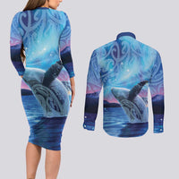 New Zealand Matariki Humpback Whale Couples Matching Long Sleeve Bodycon Dress and Long Sleeve Button Shirt Paikea Maori New Year Blue Galaxy LT14 - Polynesian Pride