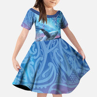 New Zealand Matariki Humpback Whale Family Matching Off Shoulder Short Dress and Hawaiian Shirt Paikea Maori New Year Blue Galaxy LT14 Daughter's Dress Blue - Polynesian Pride