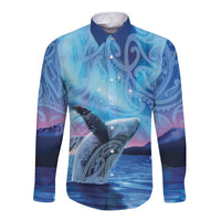 New Zealand Matariki Humpback Whale Long Sleeve Button Shirt Paikea Maori New Year Blue Galaxy