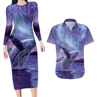 New Zealand Matariki Humpback Whale Couples Matching Long Sleeve Bodycon Dress and Hawaiian Shirt Paikea Maori New Year Purple Galaxy LT14 Purple - Polynesian Pride