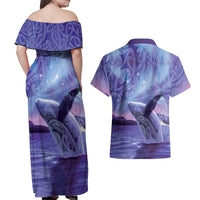 New Zealand Matariki Humpback Whale Couples Matching Off Shoulder Maxi Dress and Hawaiian Shirt Paikea Maori New Year Purple Galaxy LT14 - Polynesian Pride