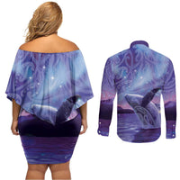 New Zealand Matariki Humpback Whale Couples Matching Off Shoulder Short Dress and Long Sleeve Button Shirt Paikea Maori New Year Purple Galaxy LT14 - Polynesian Pride