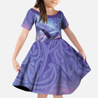 New Zealand Matariki Humpback Whale Family Matching Puletasi and Hawaiian Shirt Paikea Maori New Year Purple Galaxy LT14 Daughter's Dress Purple - Polynesian Pride