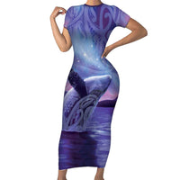 New Zealand Matariki Humpback Whale Family Matching Short Sleeve Bodycon Dress and Hawaiian Shirt Paikea Maori New Year Purple Galaxy LT14 Mom's Dress Purple - Polynesian Pride