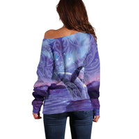 New Zealand Matariki Humpback Whale Off Shoulder Sweater Paikea Maori New Year Purple Galaxy
