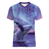 New Zealand Matariki Humpback Whale Women V-Neck T-Shirt Paikea Maori New Year Purple Galaxy LT14 Female Purple - Polynesian Pride