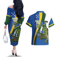 Solomon Islands Independence Day Couples Matching Off The Shoulder Long Sleeve Dress and Hawaiian Shirt Happy 7 July Crocodile Flag Style LT14 - Polynesian Pride