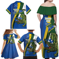 Solomon Islands Independence Day Family Matching Off Shoulder Maxi Dress and Hawaiian Shirt Happy 7 July Crocodile Flag Style LT14 - Polynesian Pride