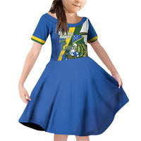 Solomon Islands Independence Day Family Matching Off Shoulder Short Dress and Hawaiian Shirt Happy 7 July Crocodile Flag Style LT14 Daughter's Dress Blue - Polynesian Pride