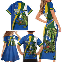 Solomon Islands Independence Day Family Matching Short Sleeve Bodycon Dress and Hawaiian Shirt Happy 7 July Crocodile Flag Style LT14 - Polynesian Pride