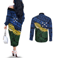 Halo Olaketa Solomon Islands Tapa Pattern Couples Matching Off The Shoulder Long Sleeve Dress and Long Sleeve Button Shirt