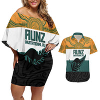 AUNZ Rugby Custom Couples Matching Off Shoulder Short Dress and Hawaiian Shirt Australia Kangaroo New Zealand Silver Fern LT14 Yellow - Polynesian Pride