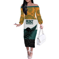 AUNZ Rugby Custom Family Matching Off The Shoulder Long Sleeve Dress and Hawaiian Shirt Australia Kangaroo New Zealand Silver Fern LT14 Mom's Dress Yellow - Polynesian Pride