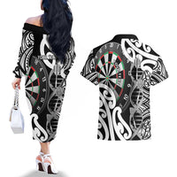 Personalised New Zealand Darts Couples Matching Off The Shoulder Long Sleeve Dress and Hawaiian Shirt Aotearoa Maori Its In My DNA Black LT14 - Polynesian Pride