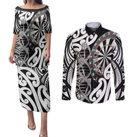 Personalised New Zealand Darts Couples Matching Puletasi and Long Sleeve Button Shirt Aotearoa Maori Its In My DNA Black - Polynesian Pride