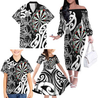 Personalised New Zealand Darts Family Matching Off The Shoulder Long Sleeve Dress and Hawaiian Shirt Aotearoa Maori Its In My DNA Black LT14 - Polynesian Pride