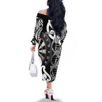 Personalised New Zealand Darts Family Matching Off The Shoulder Long Sleeve Dress and Hawaiian Shirt Aotearoa Maori Its In My DNA Black LT14 - Polynesian Pride