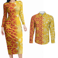 Kahili Quilt Hawaii Couples Matching Long Sleeve Bodycon Dress and Long Sleeve Button Shirt Tropical Flower Seamless Half Style LT14 Yellow - Polynesian Pride