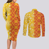 Kahili Quilt Hawaii Couples Matching Long Sleeve Bodycon Dress and Long Sleeve Button Shirt Tropical Flower Seamless Half Style LT14 - Polynesian Pride