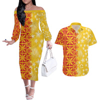 Kahili Quilt Hawaii Couples Matching Off The Shoulder Long Sleeve Dress and Hawaiian Shirt Tropical Flower Seamless Half Style LT14 Yellow - Polynesian Pride