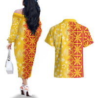 Kahili Quilt Hawaii Couples Matching Off The Shoulder Long Sleeve Dress and Hawaiian Shirt Tropical Flower Seamless Half Style LT14 - Polynesian Pride