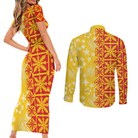 Kahili Quilt Hawaii Couples Matching Short Sleeve Bodycon Dress and Long Sleeve Button Shirt Tropical Flower Seamless Half Style