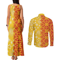 Kahili Quilt Hawaii Couples Matching Tank Maxi Dress and Long Sleeve Button Shirt Tropical Flower Seamless Half Style