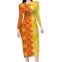 Kahili Quilt Hawaii Long Sleeve Bodycon Dress Tropical Flower Seamless Half Style LT14 Long Dress Yellow - Polynesian Pride