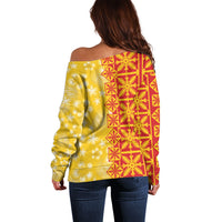 Kahili Quilt Hawaii Off Shoulder Sweater Tropical Flower Seamless Half Style LT14 - Polynesian Pride