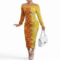 Kahili Quilt Hawaii Off The Shoulder Long Sleeve Dress Tropical Flower Seamless Half Style LT14 Women Yellow - Polynesian Pride