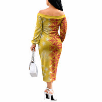 Kahili Quilt Hawaii Off The Shoulder Long Sleeve Dress Tropical Flower Seamless Half Style LT14 - Polynesian Pride