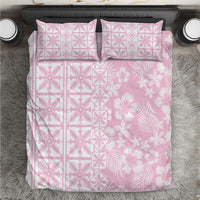 Pastel Pink Kahili Quilt Hawaii Bedding Set Tropical Flower Seamless Half Style