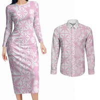 Pastel Pink Kahili Quilt Hawaii Couples Matching Long Sleeve Bodycon Dress and Long Sleeve Button Shirt Tropical Flower Seamless Half Style LT14 Pink - Polynesian Pride