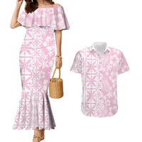 Pastel Pink Kahili Quilt Hawaii Couples Matching Mermaid Dress and Hawaiian Shirt Tropical Flower Seamless Half Style LT14 Pink - Polynesian Pride