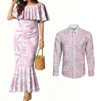 Pastel Pink Kahili Quilt Hawaii Couples Matching Mermaid Dress and Long Sleeve Button Shirt Tropical Flower Seamless Half Style LT14 Pink - Polynesian Pride